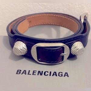 Balenciaga Leather Double Wrap Bracelet Dark Purple Silver